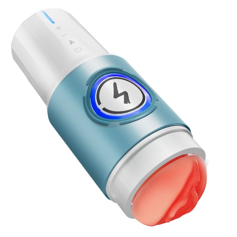 Dispositivo bianco-blu, apertura rossa. Pannello comandi e logo luminoso. Parte superiore blu, inferiore bianca. Inclinato.