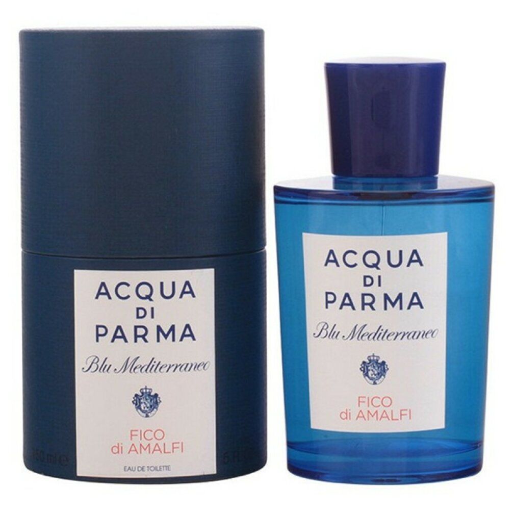 Flacone di profumo blu e confezione cilindrica. Scritta: Acqua Di Parma, Blu Mediterraneo, Fico Di Amalfi. Eau de Toilette.