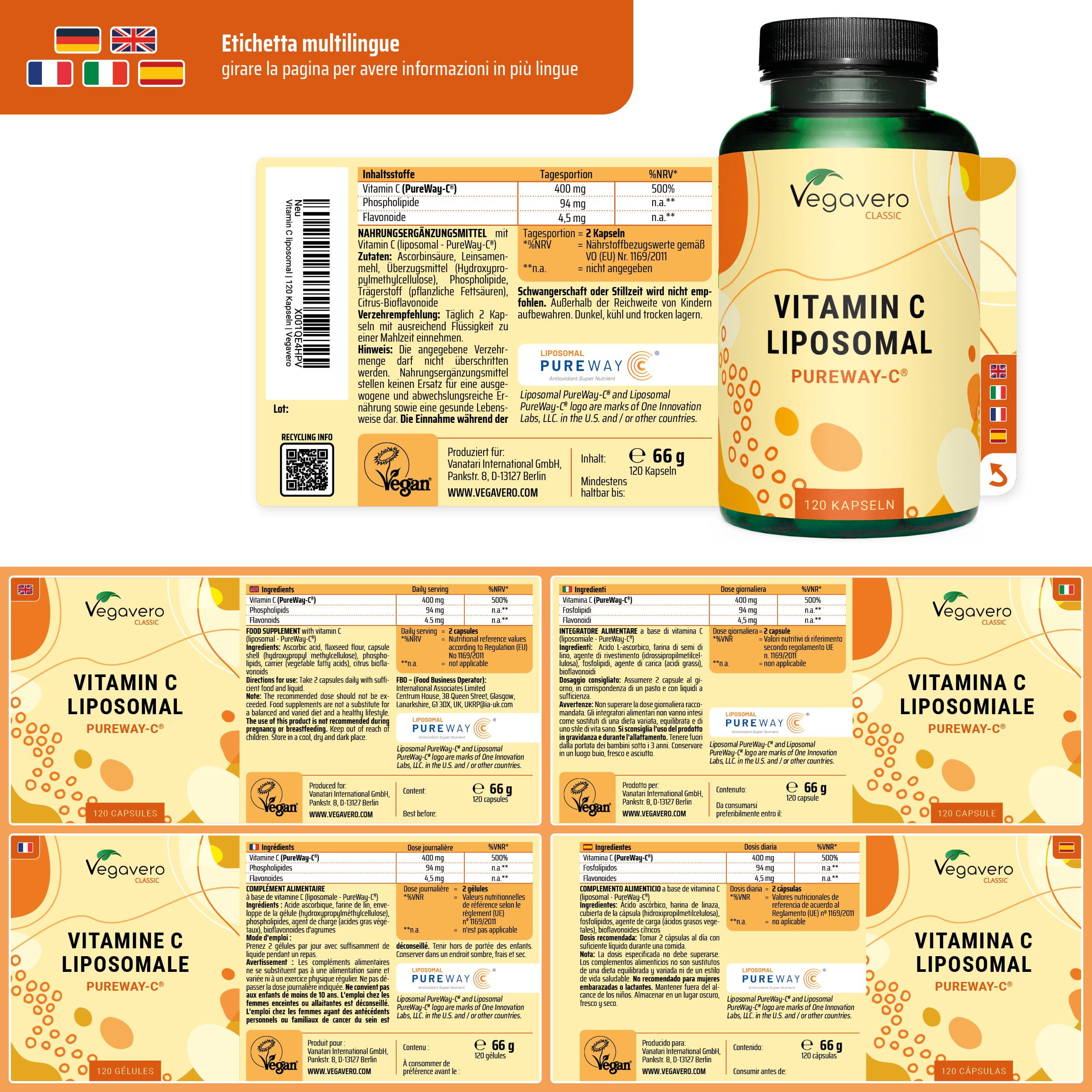 Etichetta multilingue con informazioni in più lingue. Bottiglia di Vitamin C Liposomal. Logo vegano.