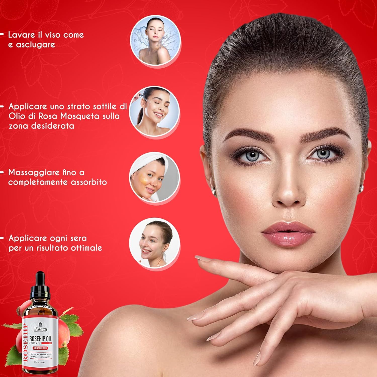Donna con pelle. Istruzioni: lavare il viso, applicare l'olio, massaggiare, applicare la sera. Flacone Rosehip Oil.