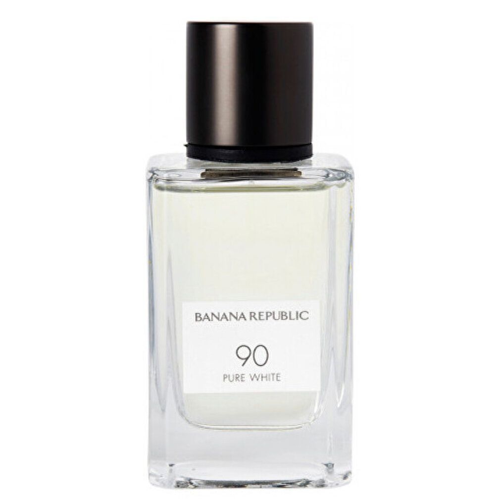 Flacone in vetro con tappo nero. Etichetta "Banana Republic 90 Pure White".