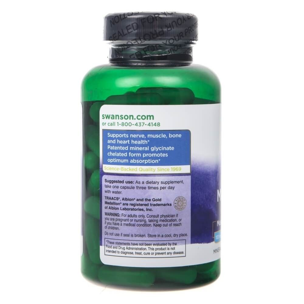 Retro di un flacone verde di capsule Swanson Albion Magnesium Glycinate, con indicazioni d'uso e informazioni sugli ingredienti.