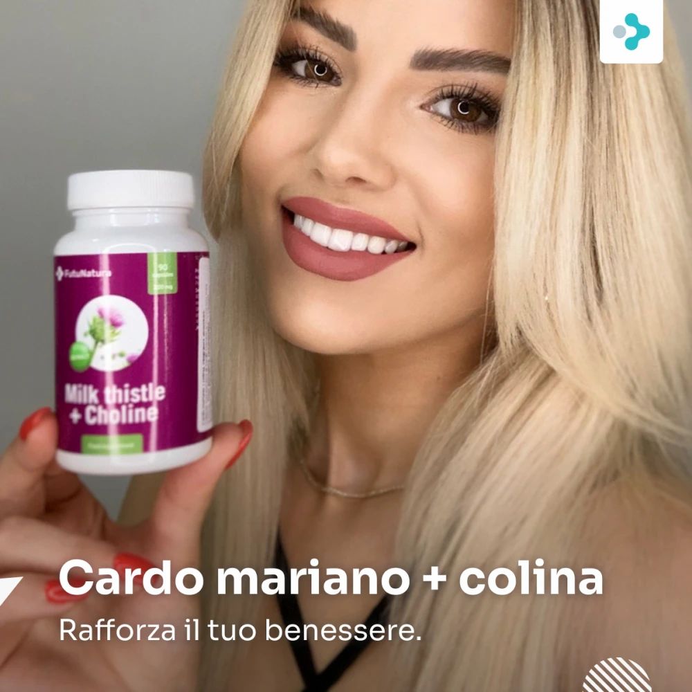 Donna tiene in mano un flacone di Cardo mariano + colina. Scritta: Cardo mariano + colina. Rafforza il tuo benessere.