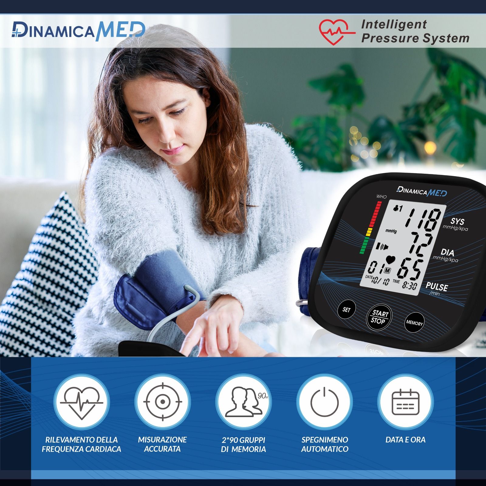 Dinamicamed A-158 Misuratore pressione da braccio, alta precisione, 2*90 memorie