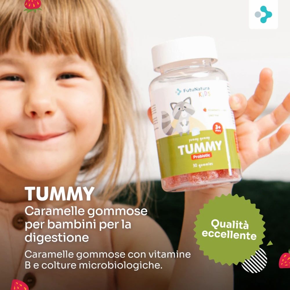 Bambino tiene in mano un flacone di caramelle gommose. Testo: Tummy, Caramelle gommose per bambini. Qualità eccellente.