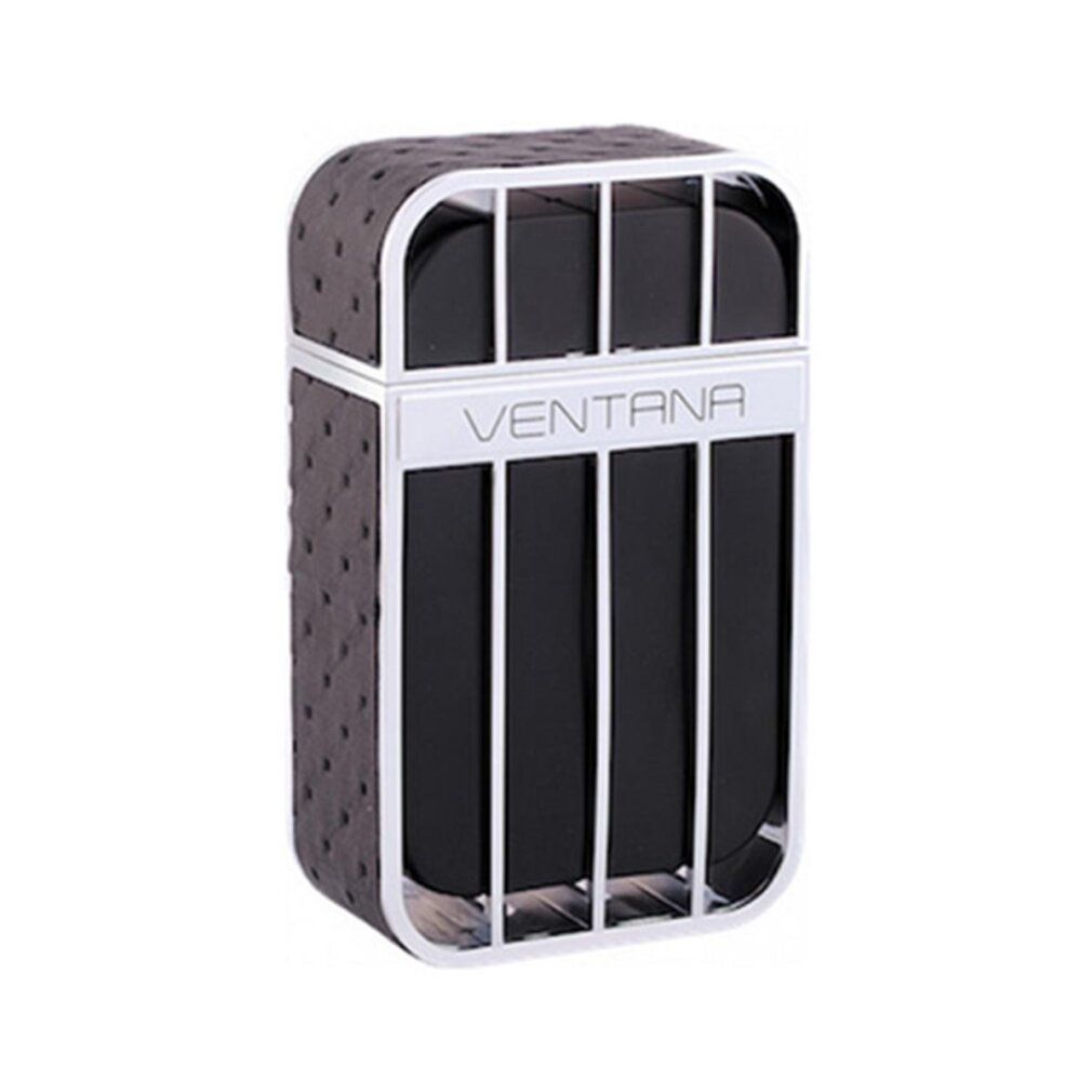 Flacone Armaf Ventana Pour Homme. Bottiglia nera con dettagli argentati. Cornice argentata e strisce verticali.