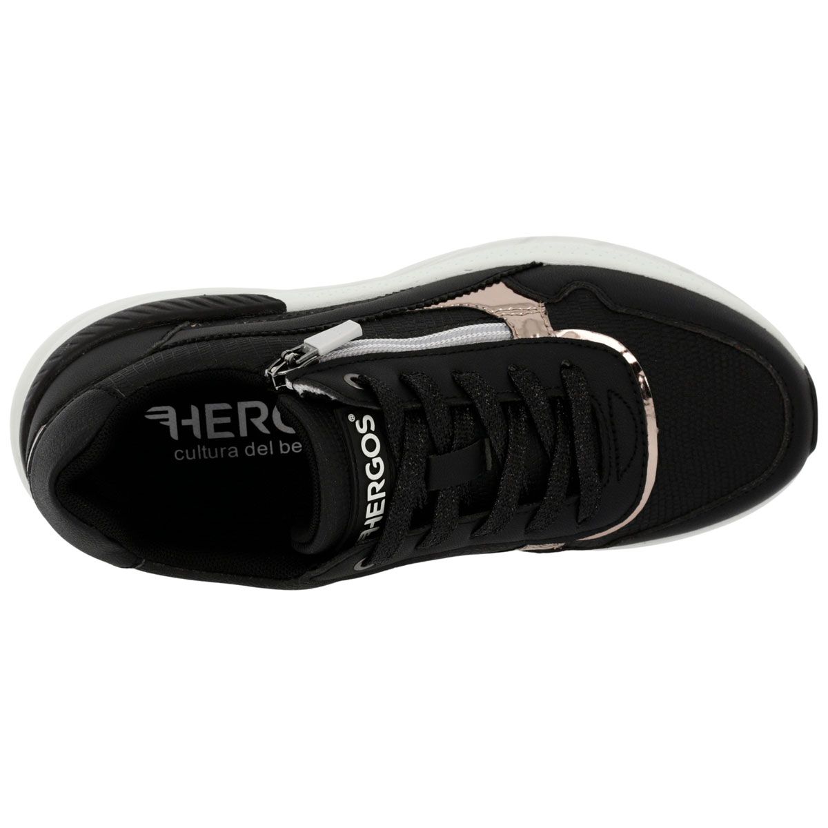 Vista dall'alto di una sneaker nera. Zip, dettagli oro rosa. Marchio HERGOS.