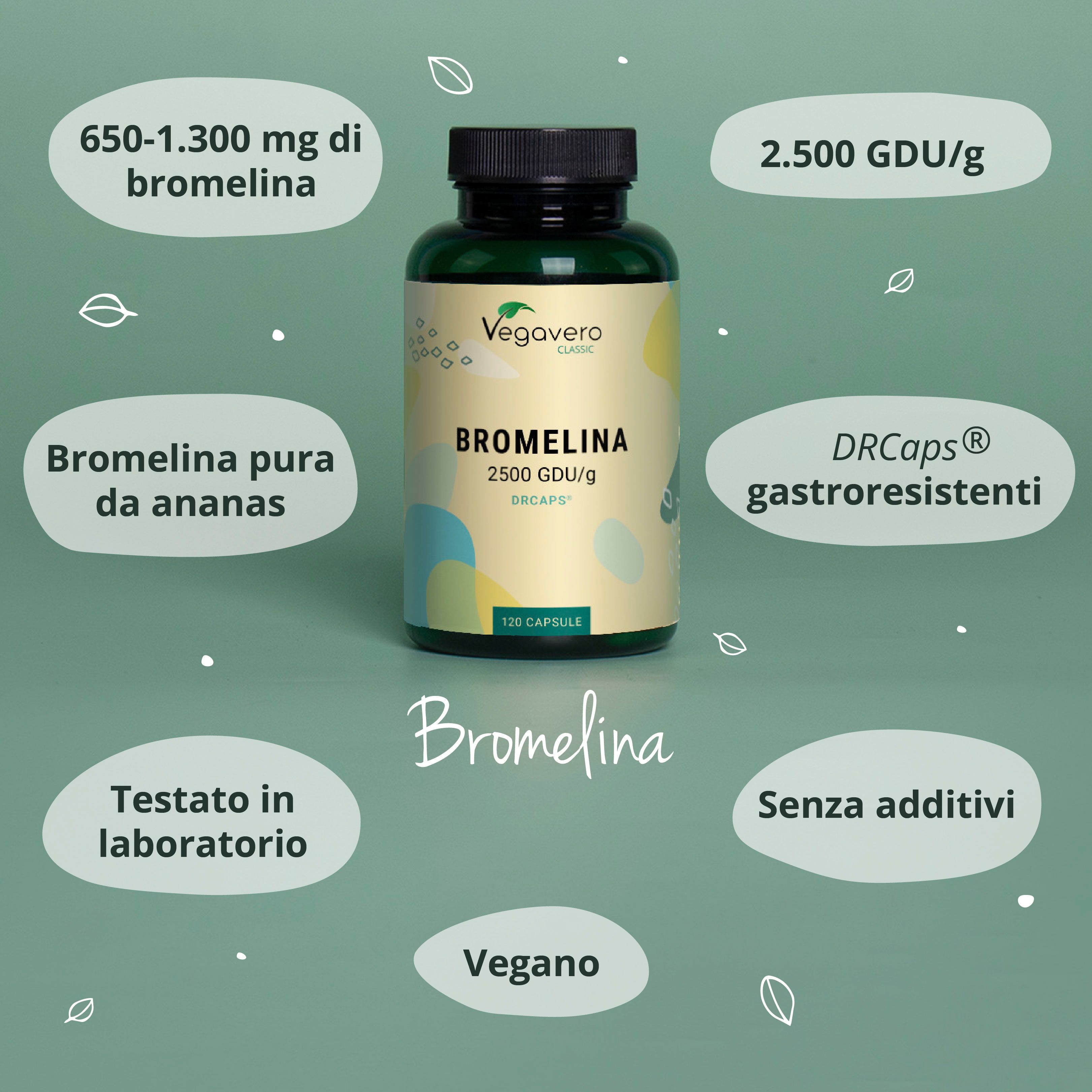 Flacone con testo: Bromelina 2500 GDU/g, 120 capsule. Info: Testato in laboratorio, Vegano, Senza additivi.