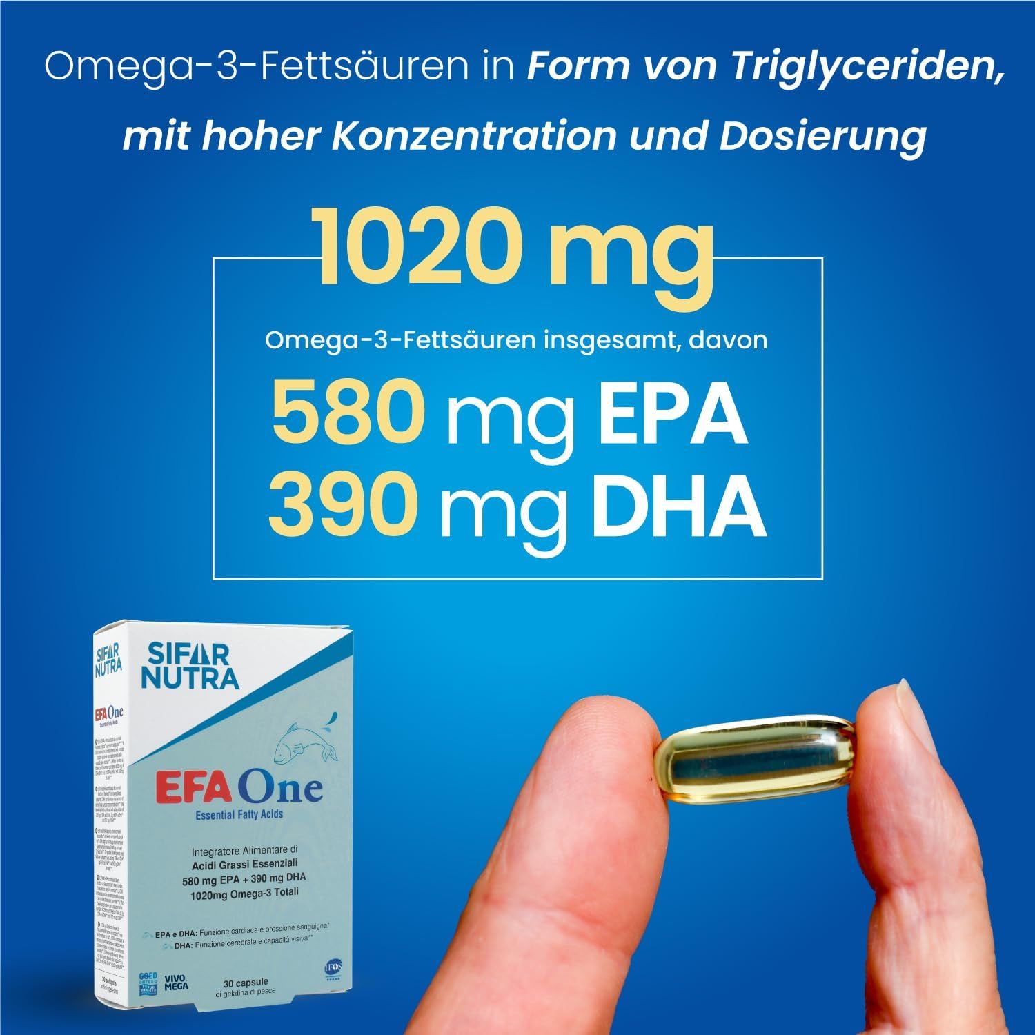 Mano che tiene una capsula. Accanto, confezione Sifar Nutra EFA One. Testo: 1020 mg Omega-3, 580 mg EPA, 390 mg DHA.