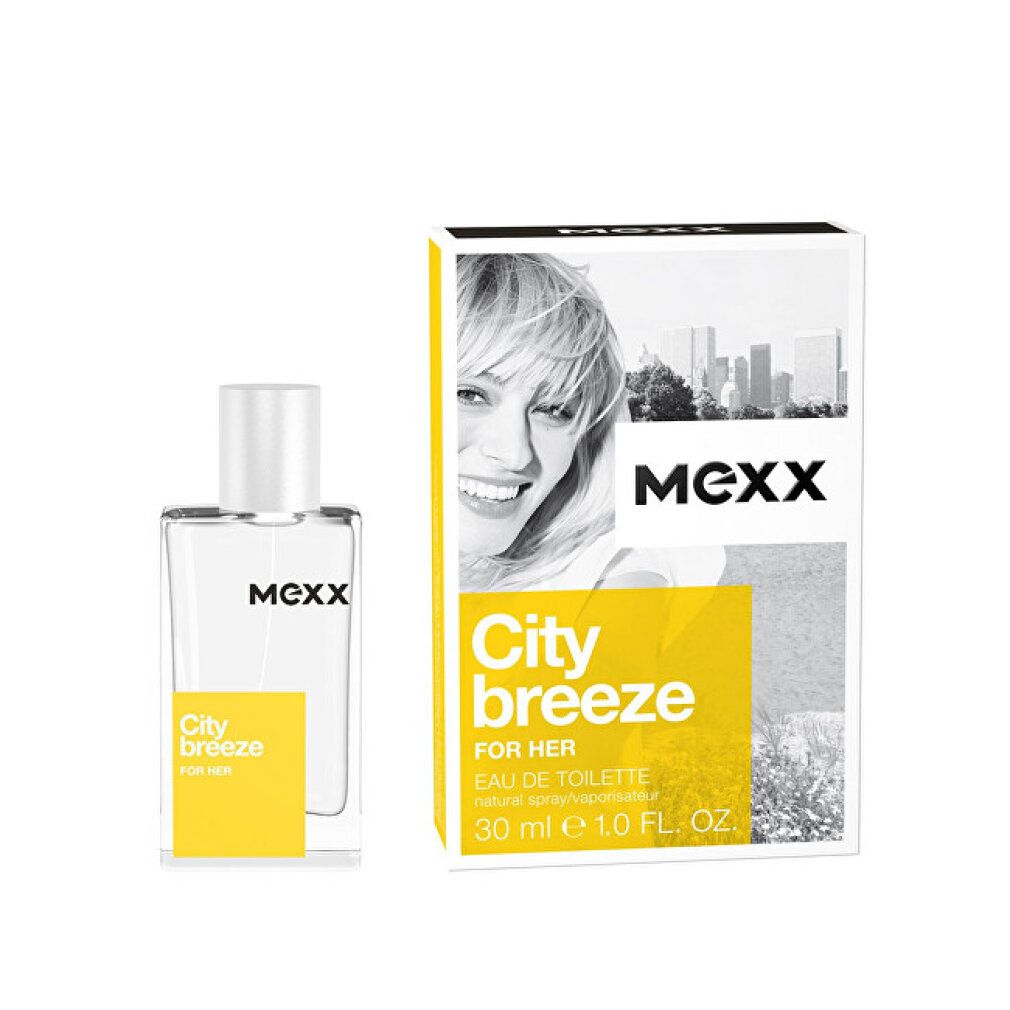 Flacone e confezione. Flacone con tappo argento. Etichetta gialla con 'City breeze FOR HER'. Confezione con donna.
