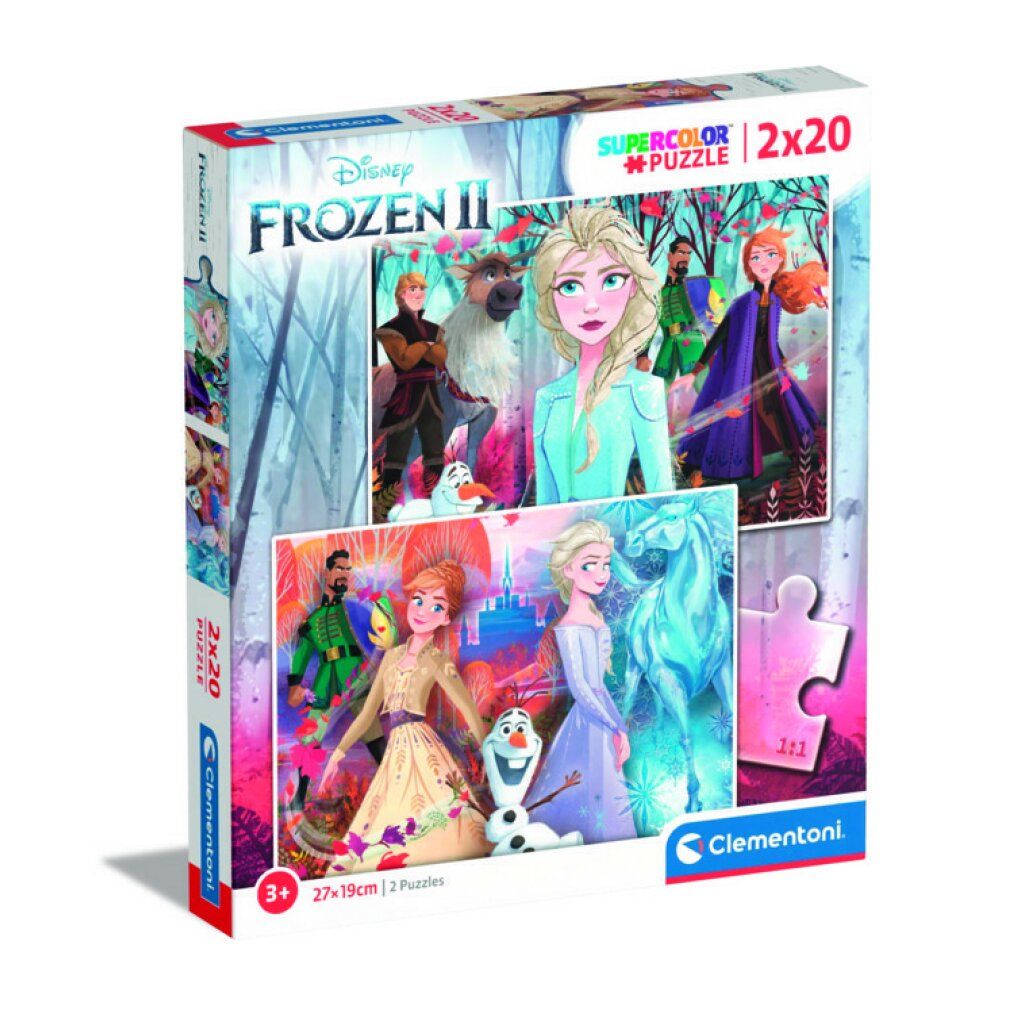 Confezione puzzle Frozen 2, 2x20 pezzi. Dimensioni 27x19cm. Marchio Clementoni. Età: 3+.