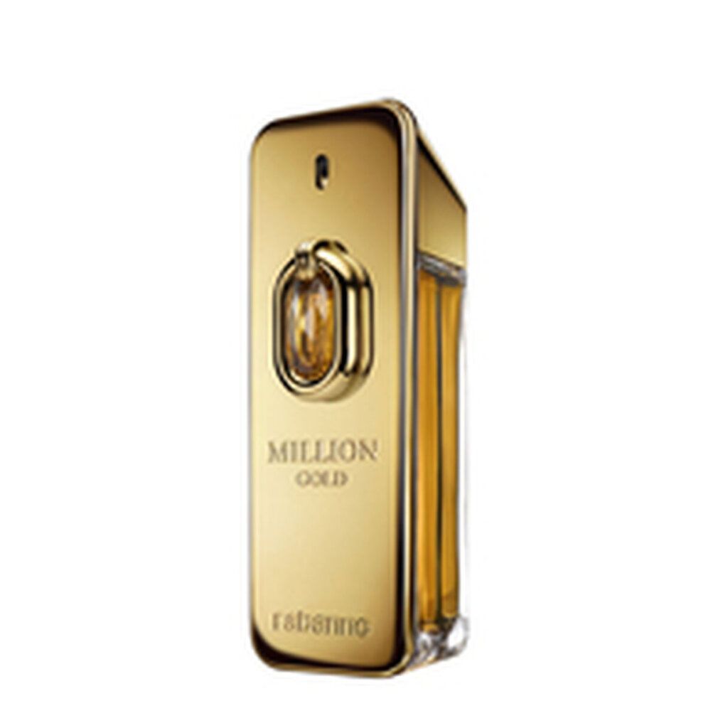 Flacone dorato con scritta "Million Gold" e "rabanne". Forma rettangolare, tappo dorato e dettaglio ambrato.