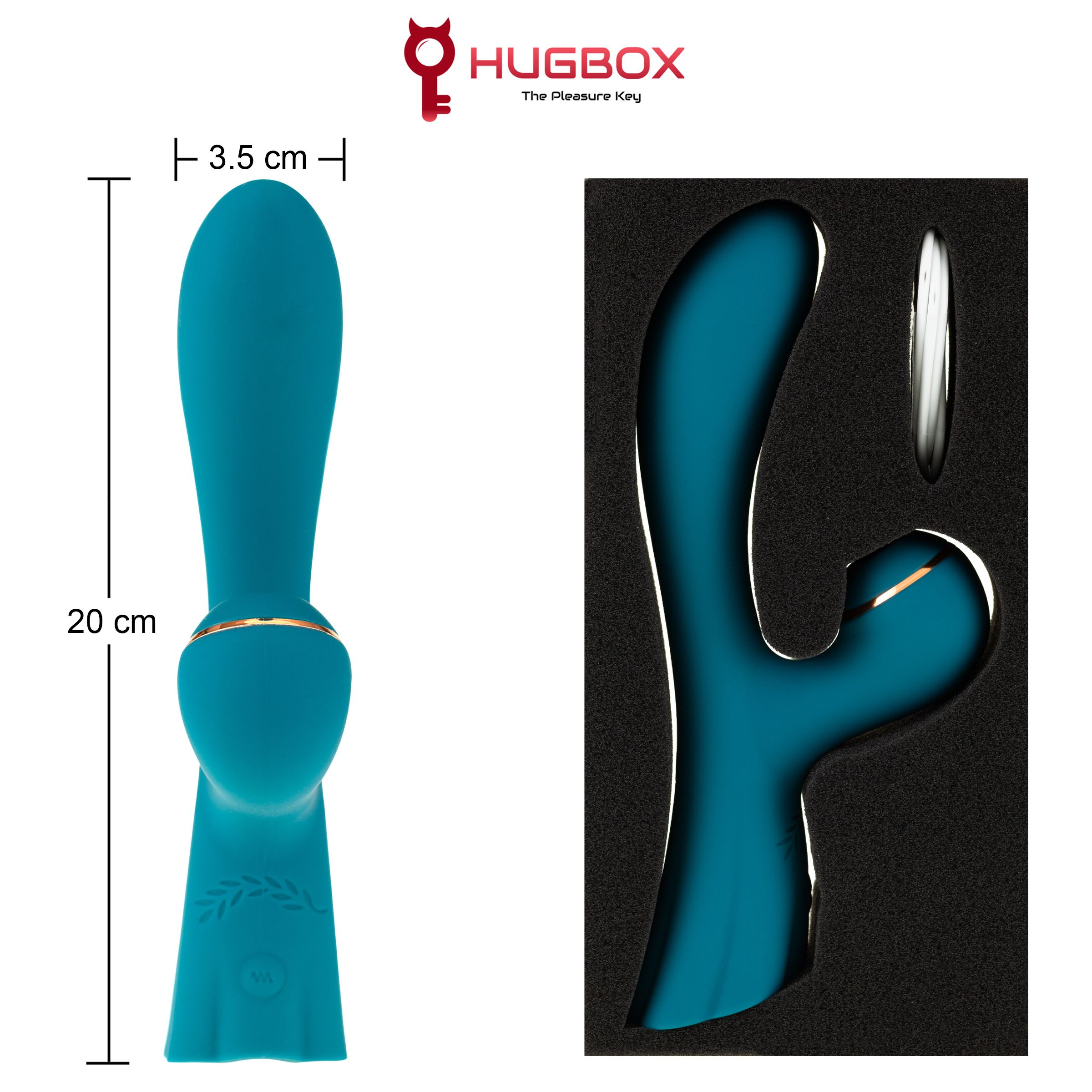 Prodotto benessere in confezione. Turchese, dettagli dorati. Dimensioni: 20 cm altezza, 3,5 cm larghezza. Marchio: HUGBOX.