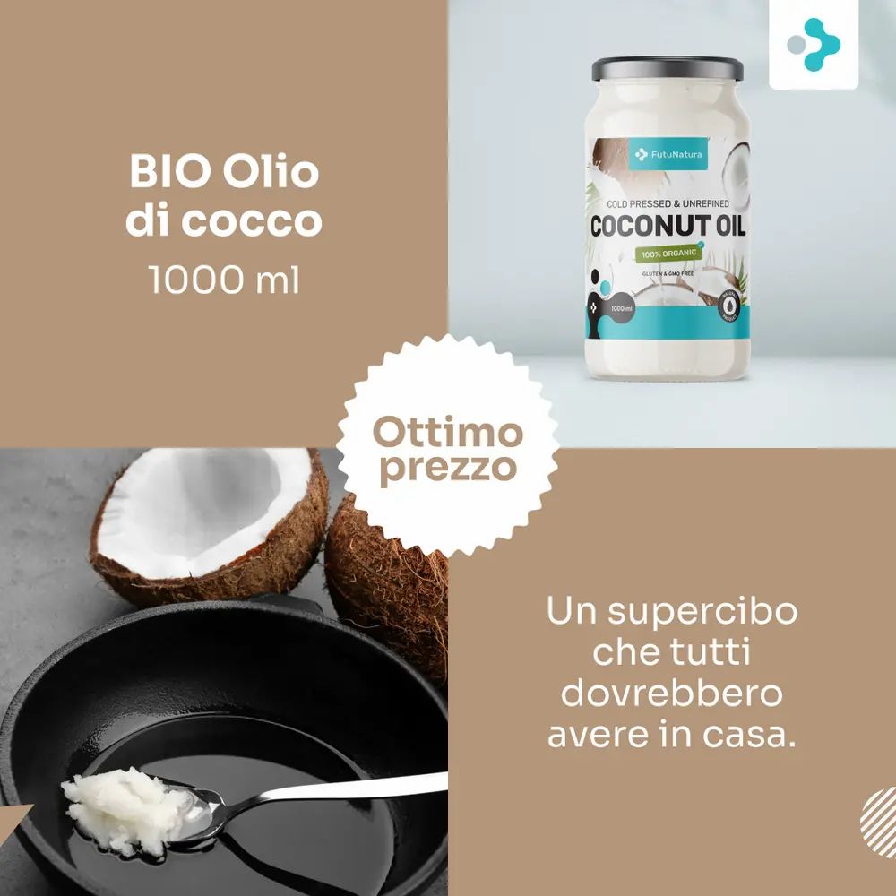 Immagine del prodotto con barattolo di olio di cocco, cocco, padella con olio e testo: BIO Kokosnussöl, 1000 ml, Ottimo prezzo.