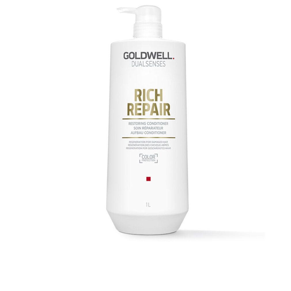 Flacone bianco con dosatore. Scritta: Goldwell Dualsenses Rich Repair Restoring Conditioner. 1L.