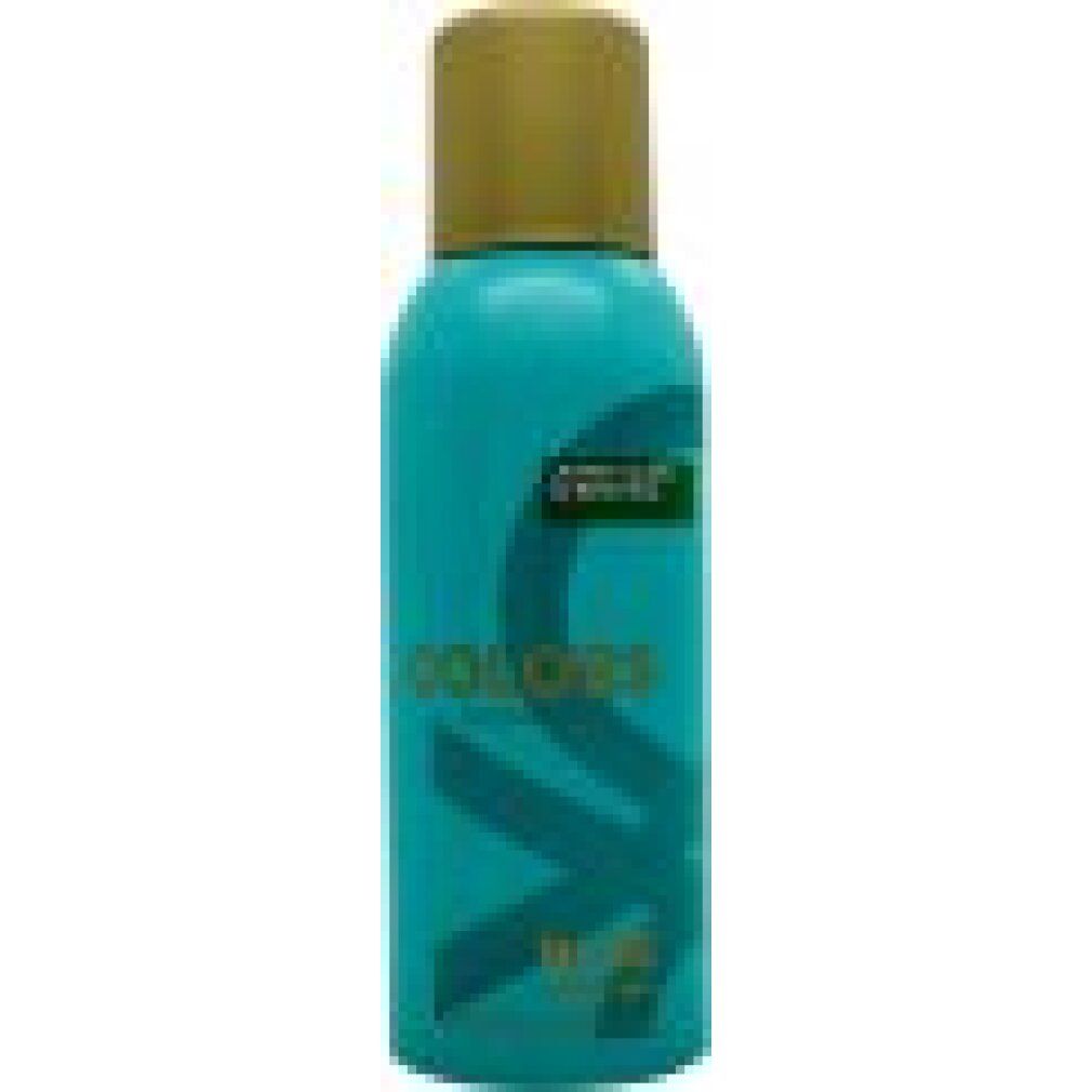 Flacone spray deodorante turchese con tappo dorato. Scritta: Colors de Benetton Blue For Her. United Colors of Benetton.