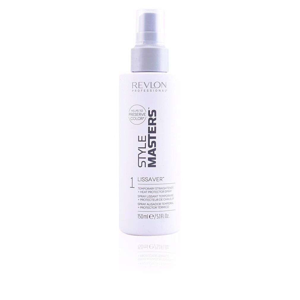 Flacone spray bianco con erogatore grigio. Scritte: Revlon Professional, Style Masters, Lissaver, 150ml.