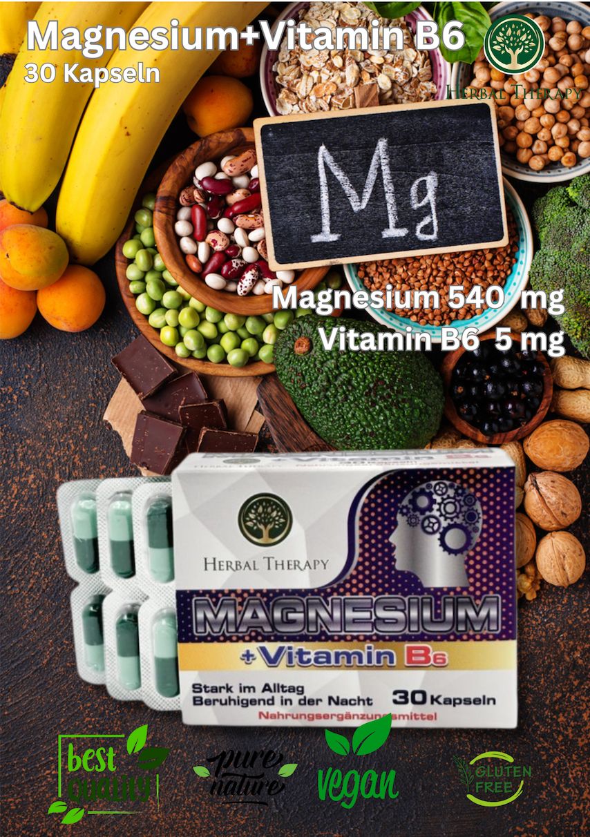 Presentazione prodotto con capsule, confezione e testo. "Herbal Therapy Magnesium + Vitamin B6". 30 capsule. Verdure e frutta sullo sfondo.