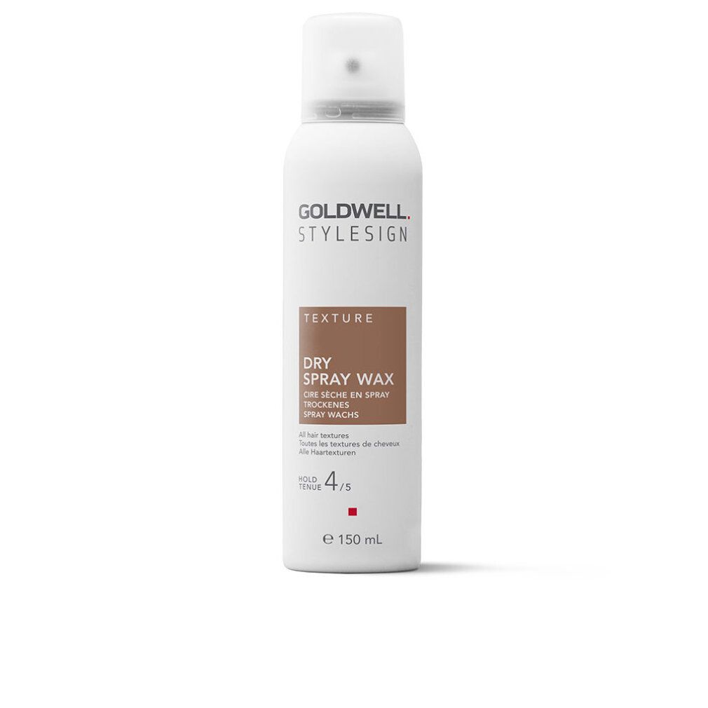 Flacone di cera spray secca Goldwell Stylesign Texture. Bianco, con etichetta marrone. Testo: Dry Spray Wax, 150 ml.