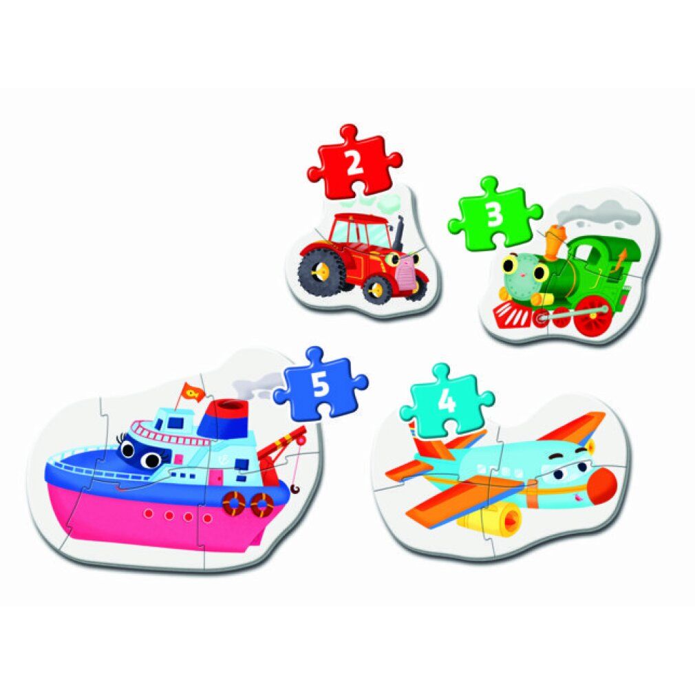 Quattro pezzi di puzzle: trattore, treno, nave e aereo. Pezzi colorati e numerati. Senza confezione.
