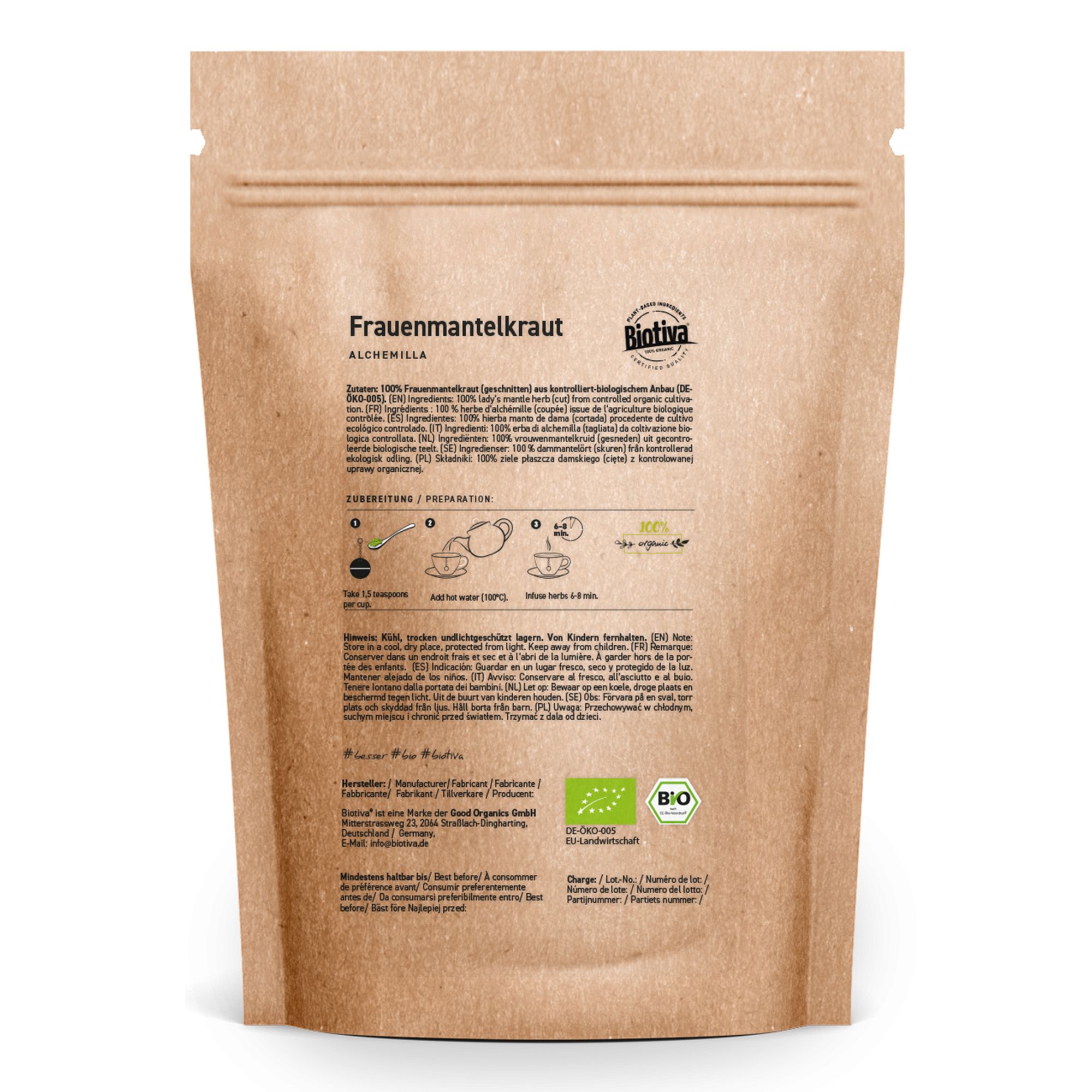 Sacchetto di carta marrone stampato. Testo: Frauenmantelkraut, Biotiva, elenco ingredienti, istruzioni per la preparazione, marchio biologico.