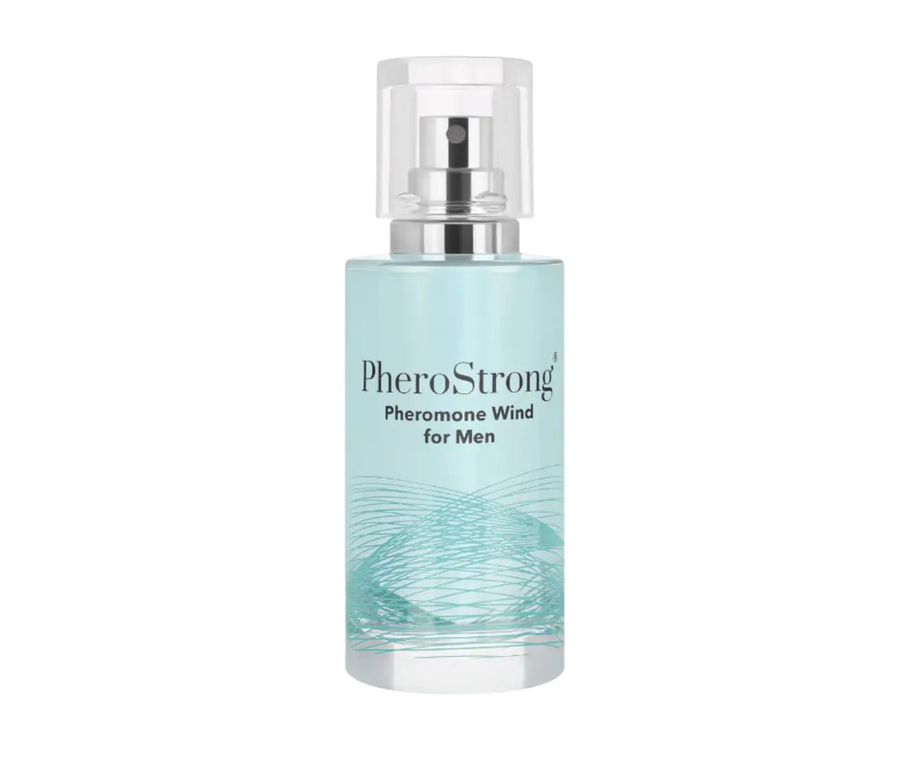 Flacone azzurro PheroStrong Pheromone Wind for Men con vaporizzatore. Motivo a onde nella parte inferiore del flacone.