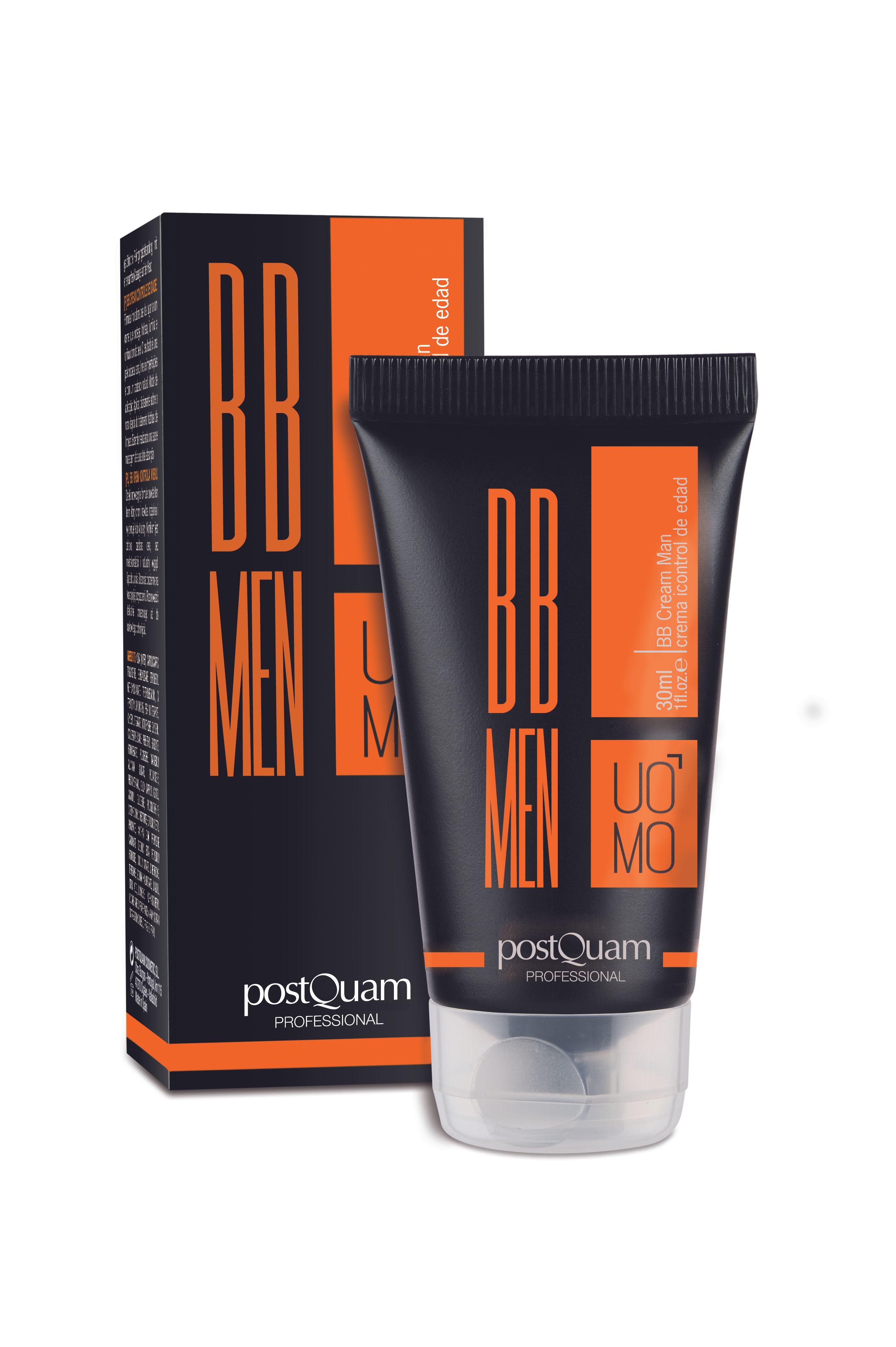Tubo e scatola neri con dettagli arancioni. Scritta BB MEN UOMO. Marchio: postQuam PROFESSIONAL.