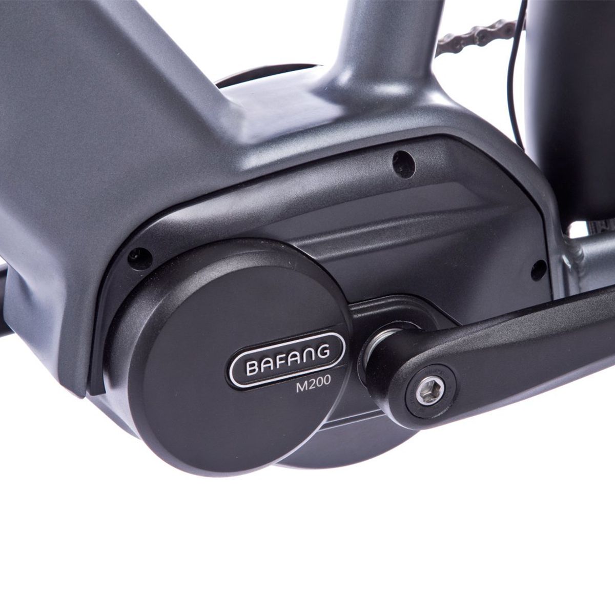 Primo piano del motore di una e-bike. Marchio BAFANG M200.