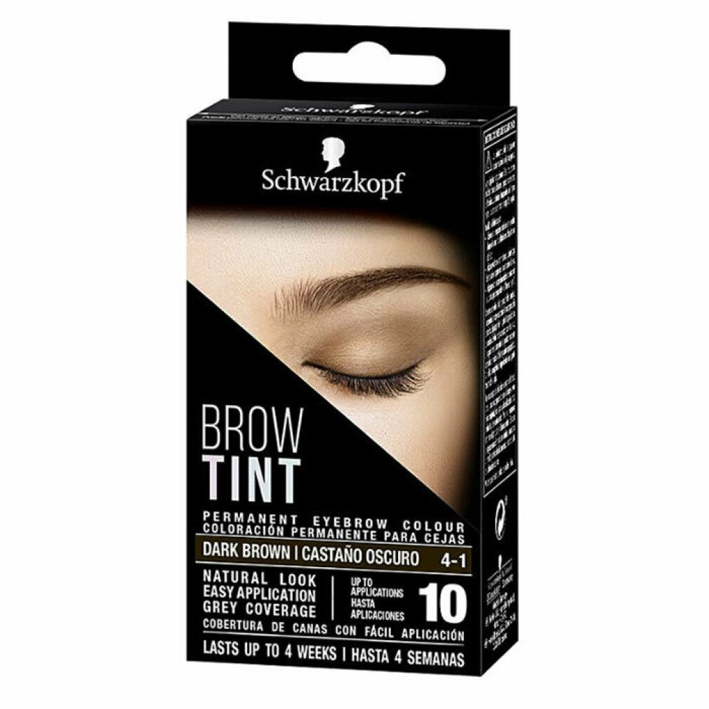 Schwarzkopf Brow Tint, marrone scuro 4-1. Confezione nera con immagine sopracciglia. Testo: Colore permanente sopracciglia, fino a 10 applicazioni.