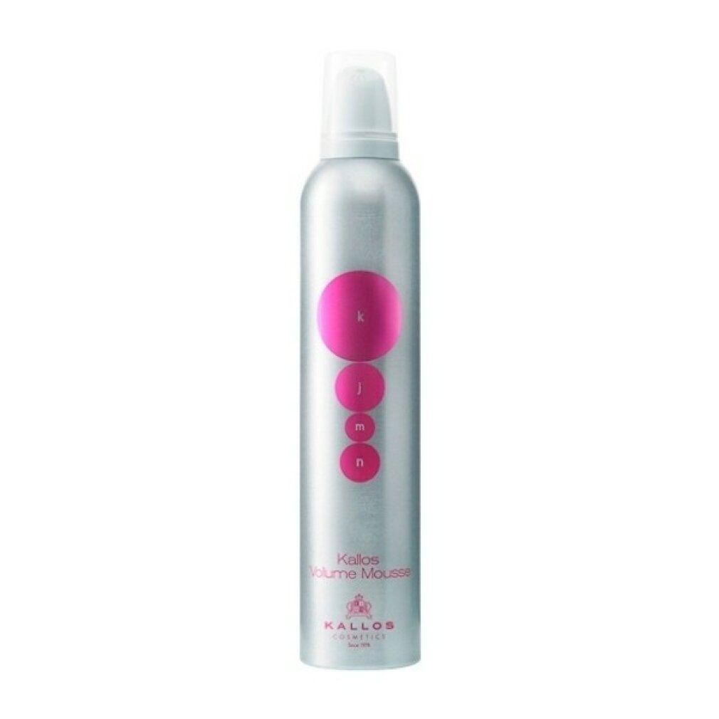 Flacone spray argento con tappo bianco. Cerchi rosa e lettere 'k', 'j', 'm', 'n'. Scritta 'Kallos Volume Mousse'.