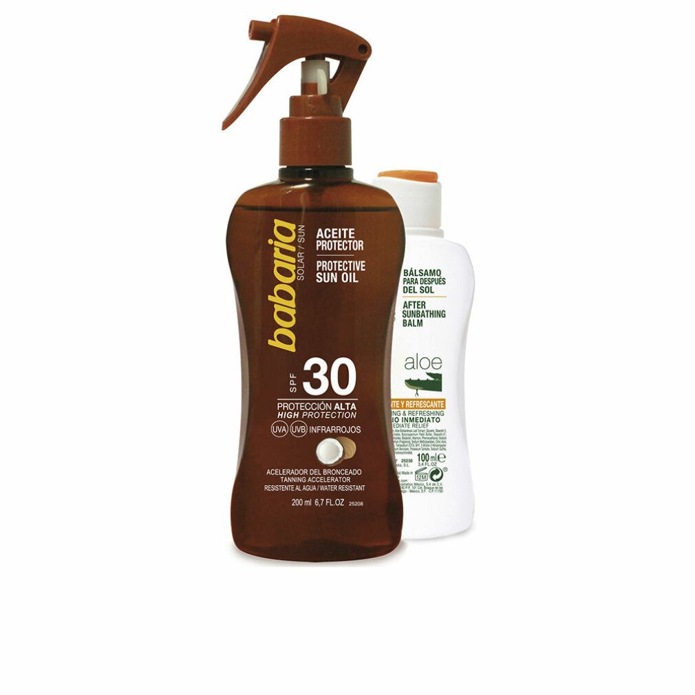Babaria Olio solare protettivo SPF30 spray e balsamo doposole. Flacone marrone con spruzzatore, flacone bianco accanto.