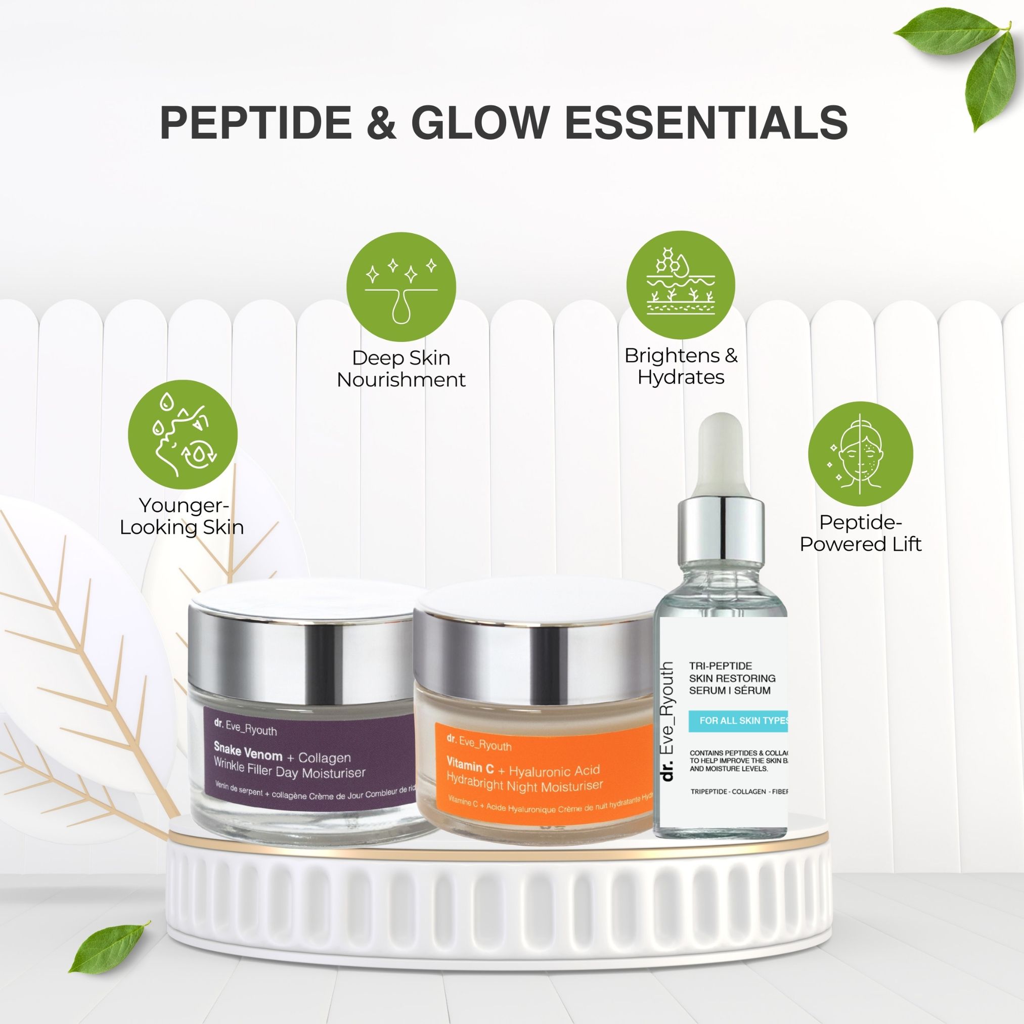 Tre prodotti cosmetici su piedistallo. Due vasetti di crema, un flacone di siero. Scritta: Dr. Eve_Ryouth, Peptide & Glow Essentials.