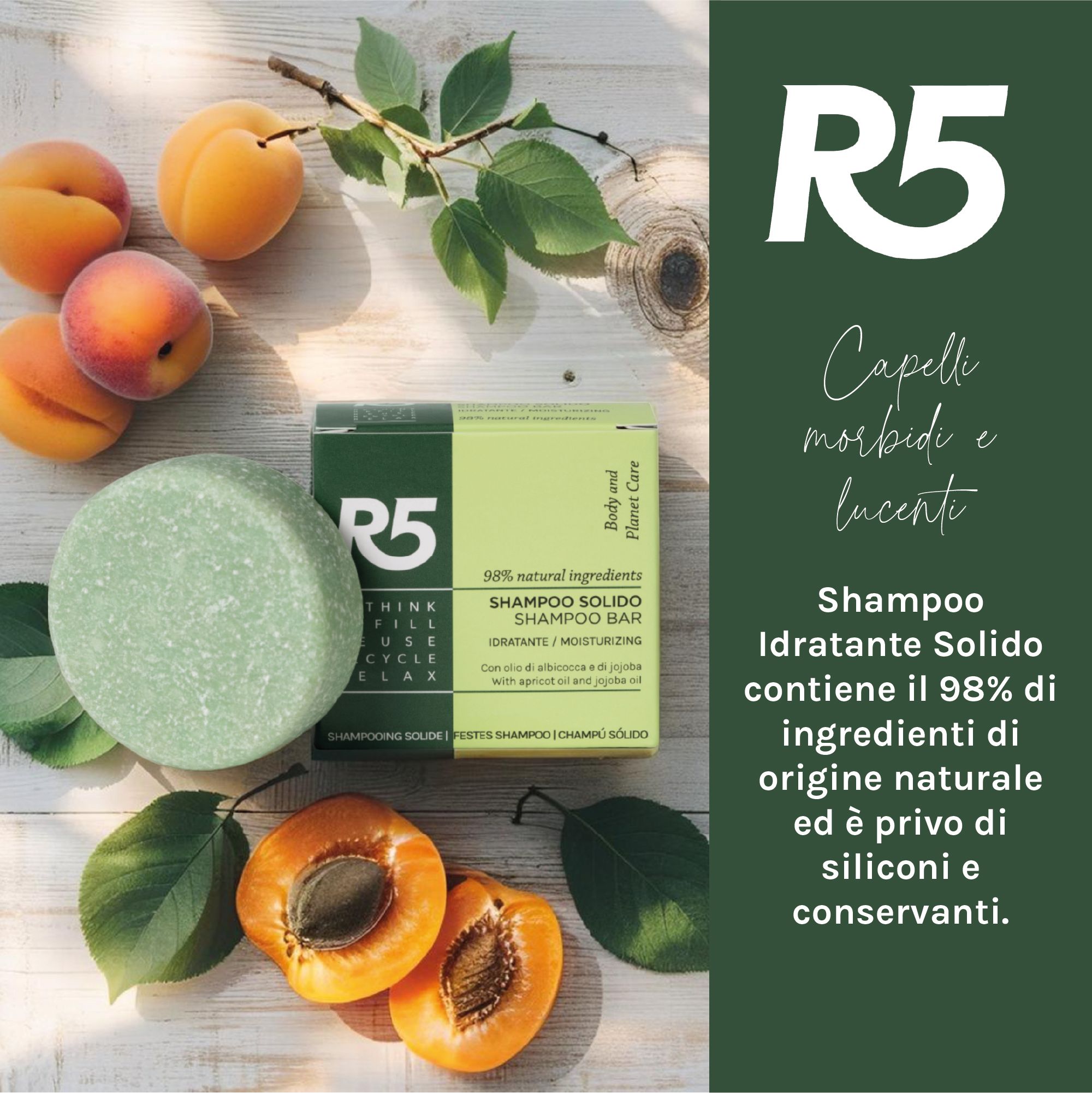 Shampoo solido R5 con albicocche e olio di jojoba, circondato da albicocche fresche.
