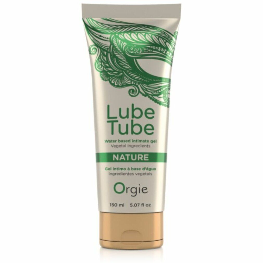 Tubo di crema con design verde e testo. Scritta: Lube Tube, Nature, Orgies. Chiusura dorata.