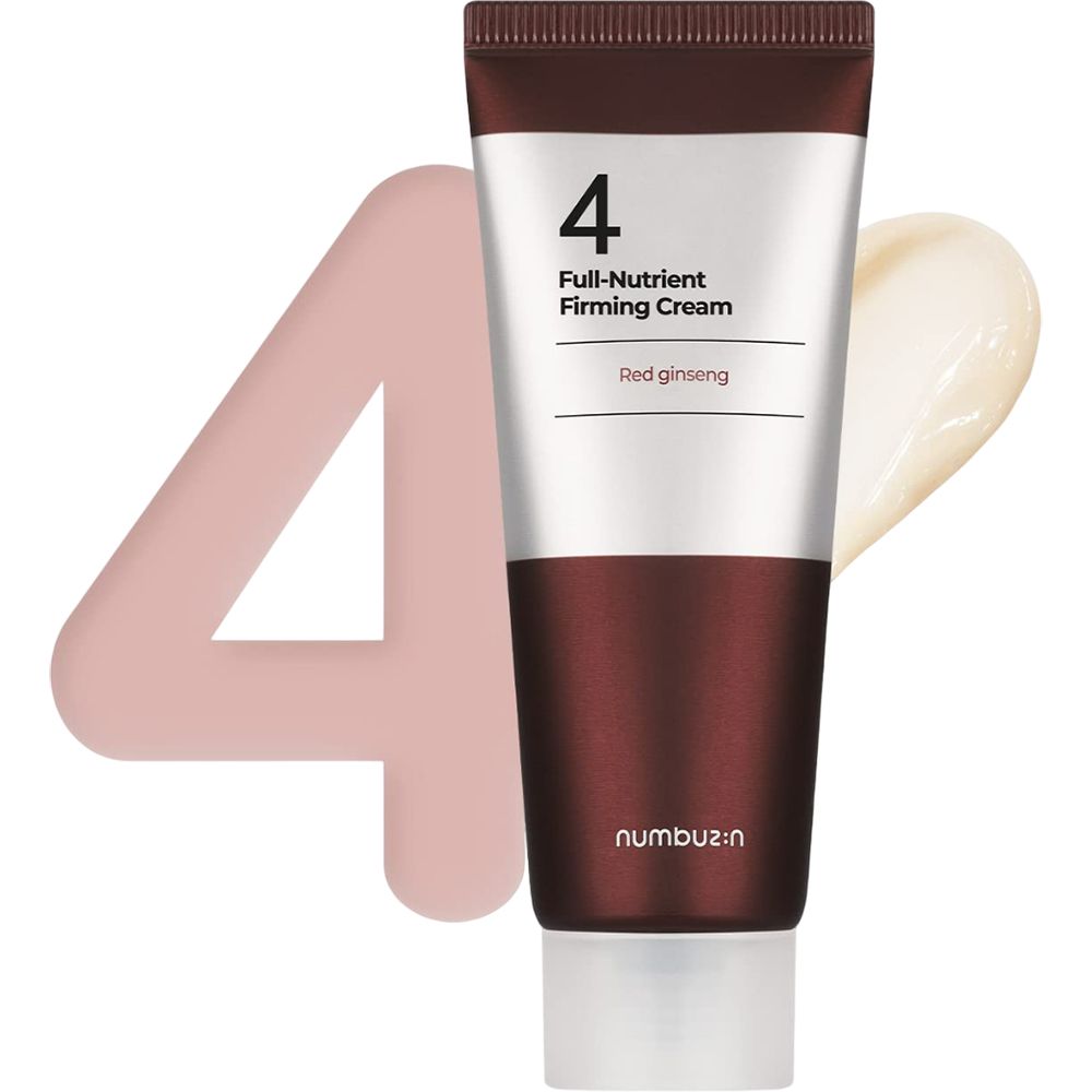 Tubo di crema, marrone-argento. Scritta: 4, Full-Nutrient Firming Cream, Red ginseng. Marchio: numbuz:n. Accanto, una macchia di crema.