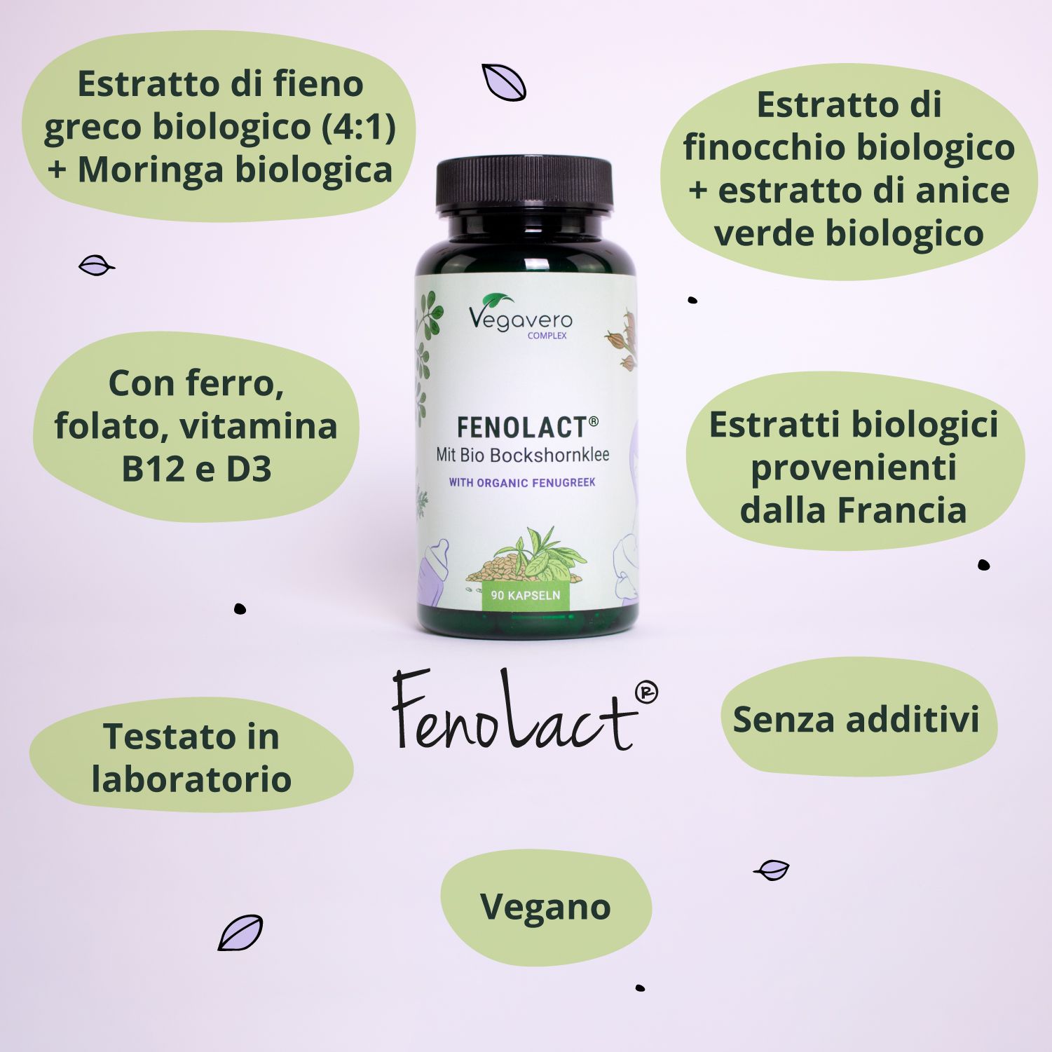 Bottiglia con capsule, circondata da testo. Scritta: FENOLACT, Mit Bio Bockshornklee. Contiene ferro, folato, vitamina B12 e D3.