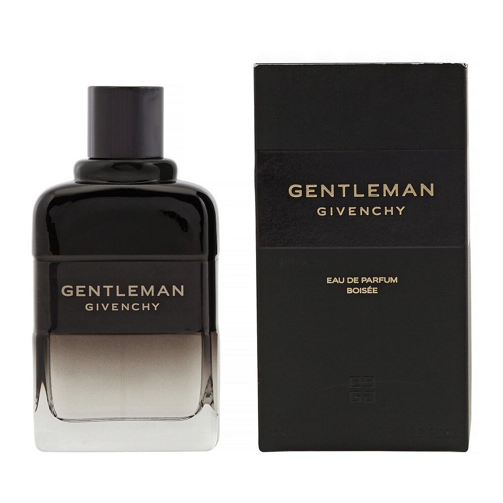 Flacone e confezione neri. Scritta: GENTLEMAN GIVENCHY. Eau de Parfum Boisée. Forma rettangolare. Flacone in vetro con tappo nero.