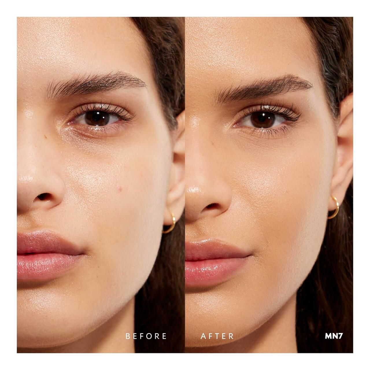 Confronto prima-dopo. Metà viso senza e con fondotinta. Testo: BEFORE, AFTER, MN7.