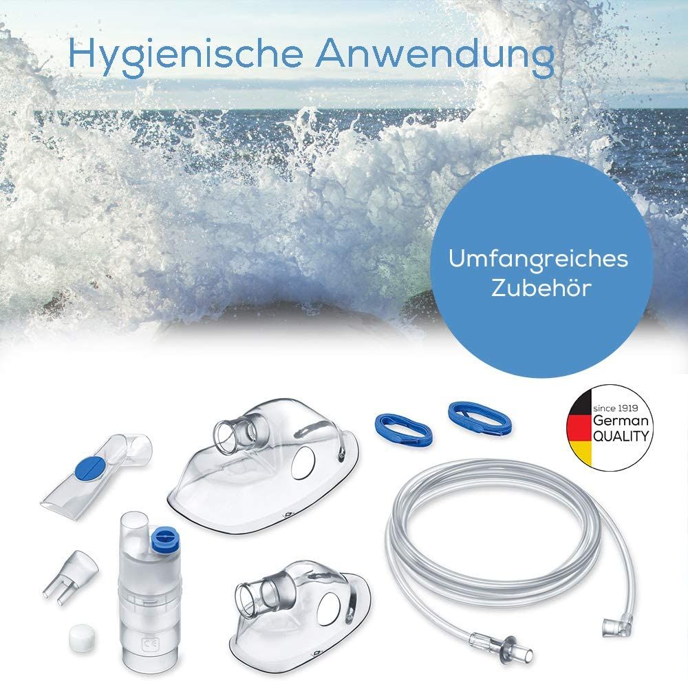 Accessori per inalatore. Maschere, boccaglio, tubi, anelli. Testo: Applicazione igienica, Qualità tedesca.