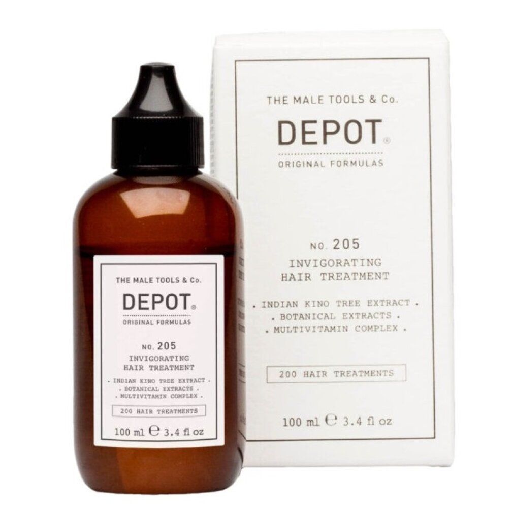 Flacone marrone e scatola. Scritta: DEPOT No. 205 Invigorating Hair Treatment. Contiene estratto di albero di kino indiano, estratti botanici e complesso multivitaminico.