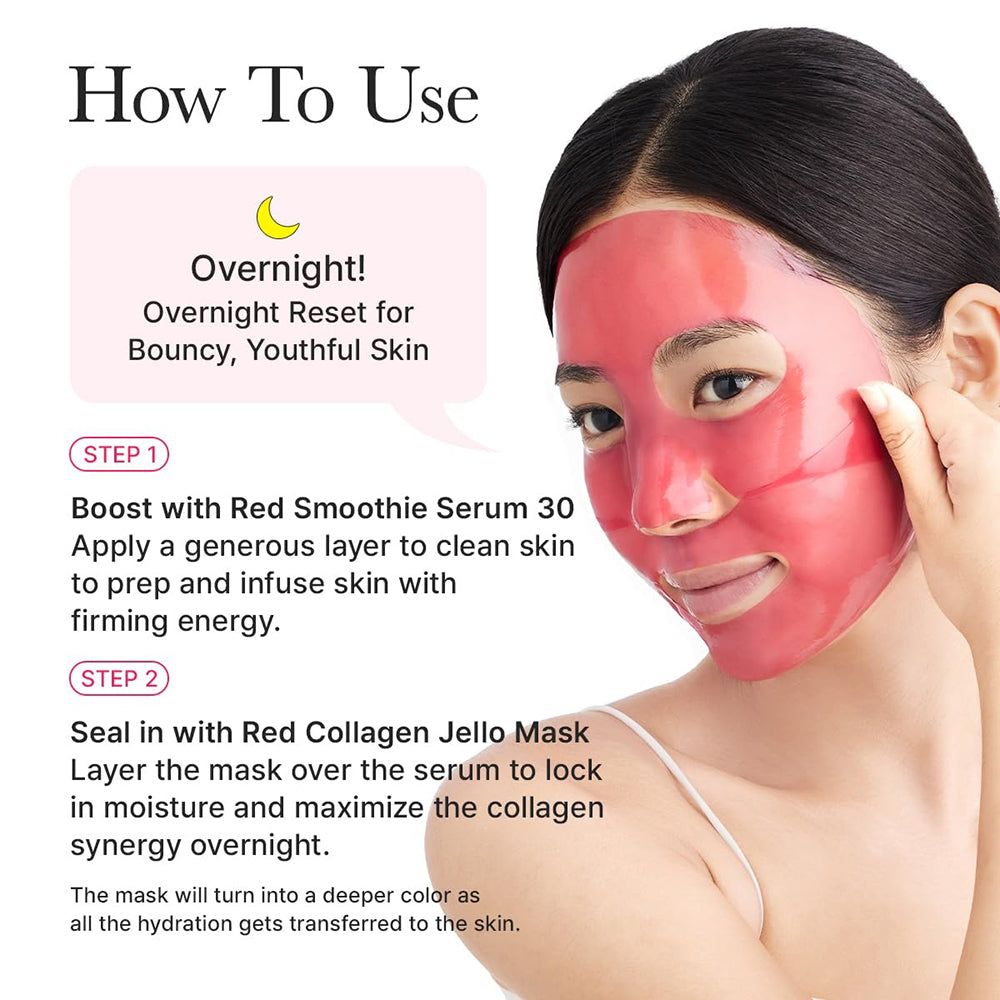 Donna con maschera facciale rossa e istruzioni per l'uso.