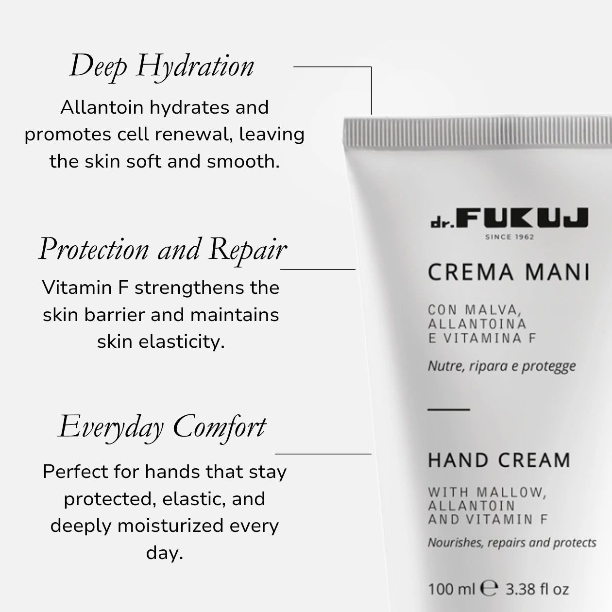 Primo piano del tubo bianco con testo. "dr. FUKUJ" e "CREMA MANI" visibili. Contiene malva, allantoina e vitamina F. Testo sull'idratazione.
