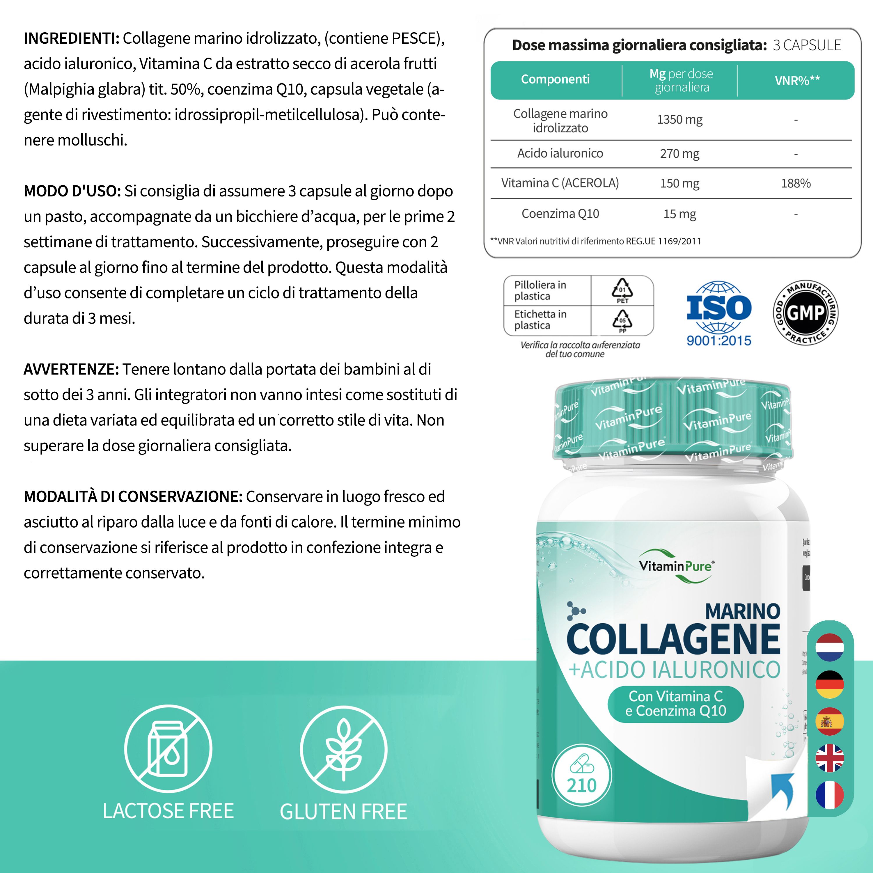Flacone VitaminPure Collagene Marino + Acido Ialuronico, 210 capsule, Senza Lattosio, Senza Glutine.
