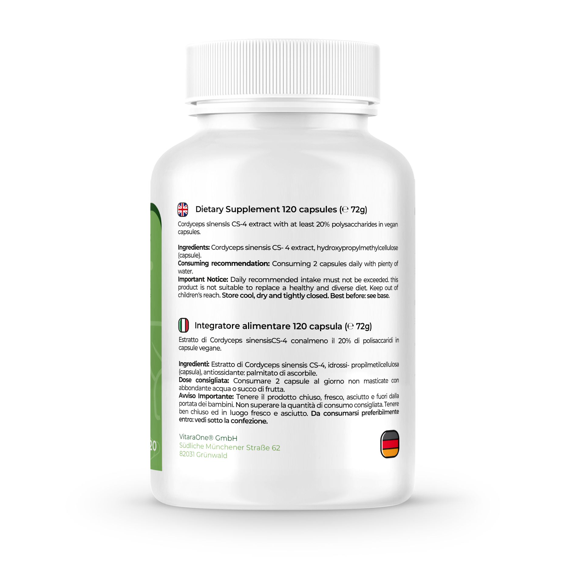 Retro di un flacone bianco. Testo: Integratore alimentare. 120 capsule. Ingredienti e raccomandazioni per l'uso. Sigillo vegano.
