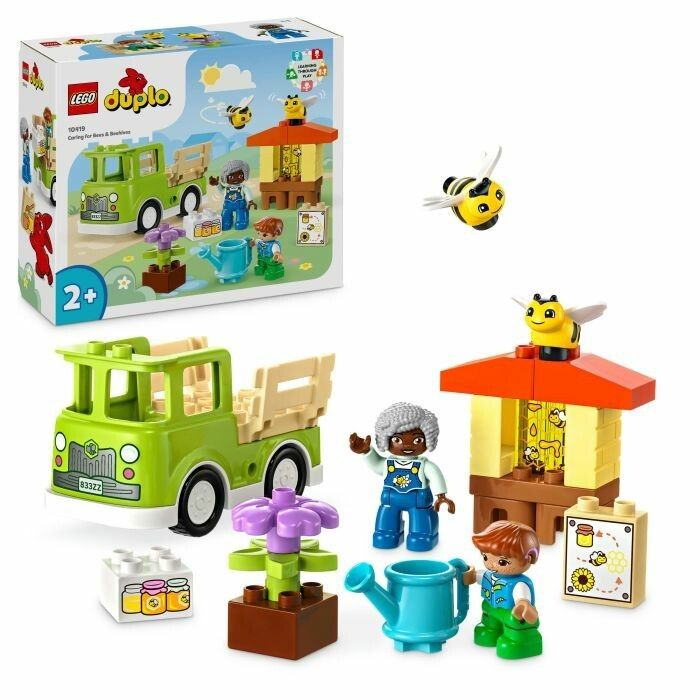 Set LEGO DUPLO con camion, personaggi, alveare, fiori, annaffiatoio e api. Età: 2+. Pezzi separati.