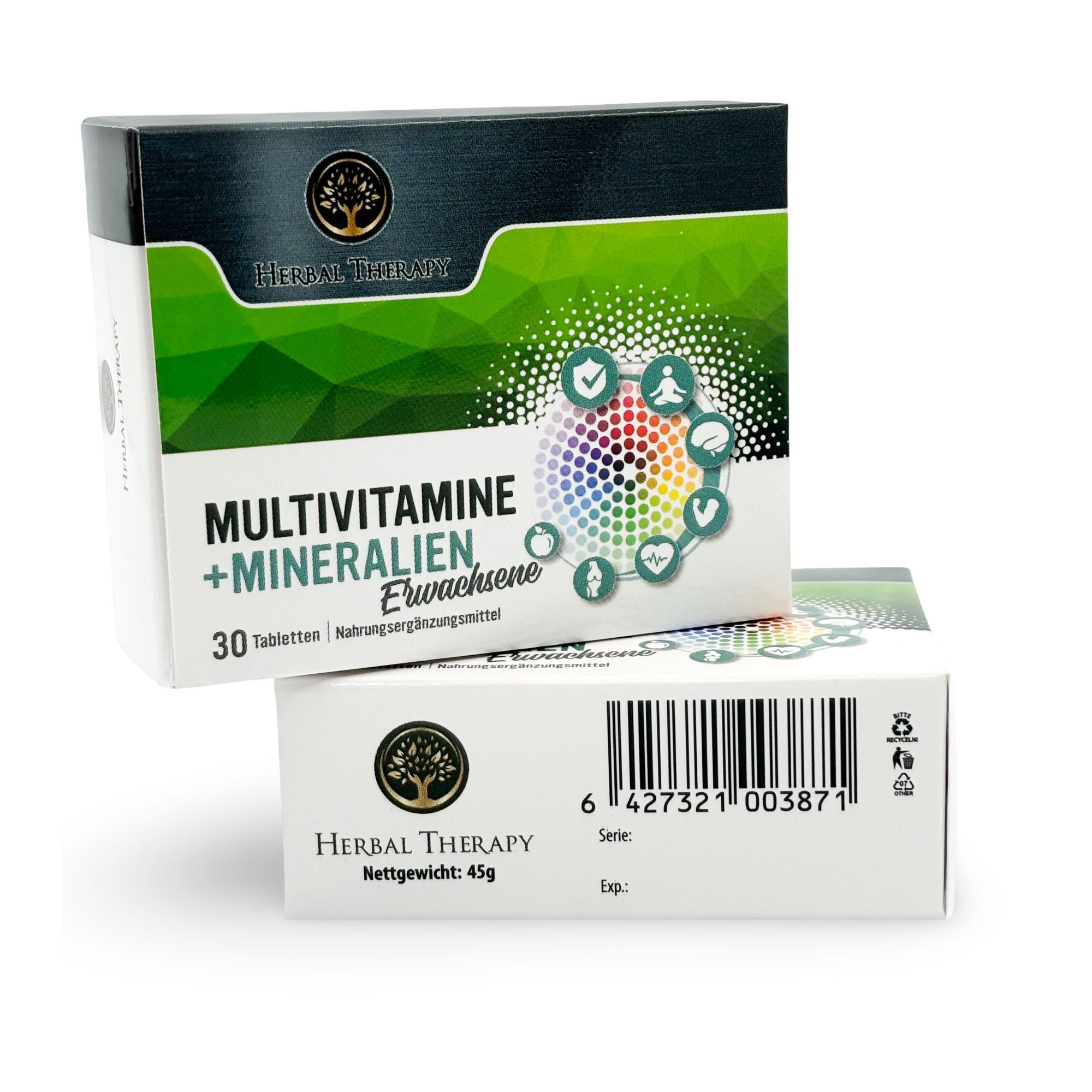 Due confezioni "Herbal Therapy". Una in piedi, una sdraiata. Nome del prodotto e logo visibili. Peso netto: 45g.