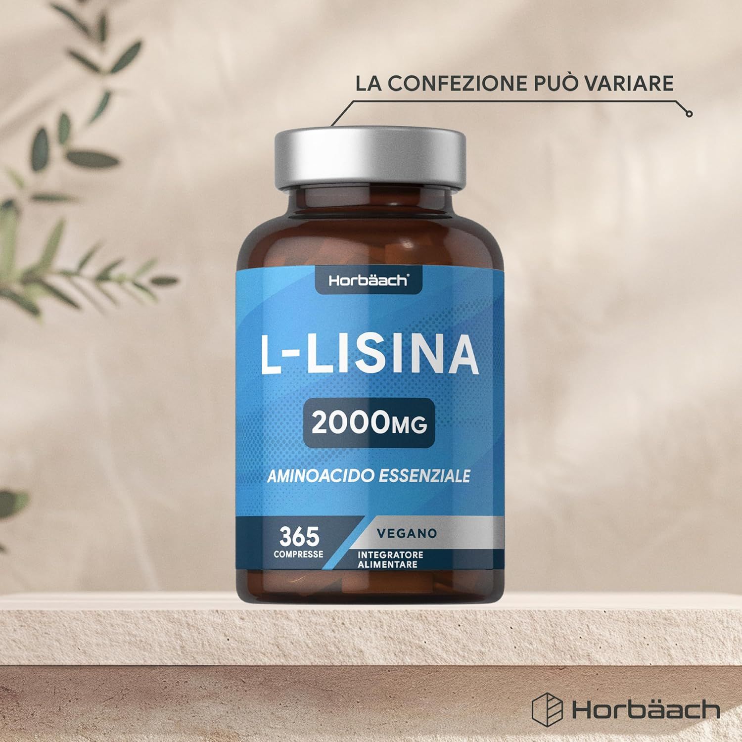 Flacone marrone con etichetta blu. L-Lisina 2000mg, 365 compresse. Vegano. Horbaach.