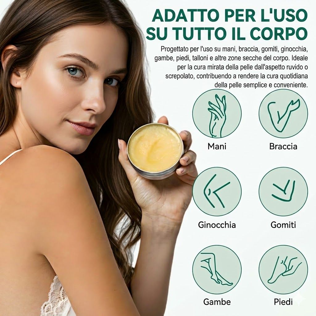 Donna che tiene un barattolo di balsamo. Icone: mani, braccia, ginocchia, gomiti, gambe, piedi. Testo: Adatto per tutto il corpo.