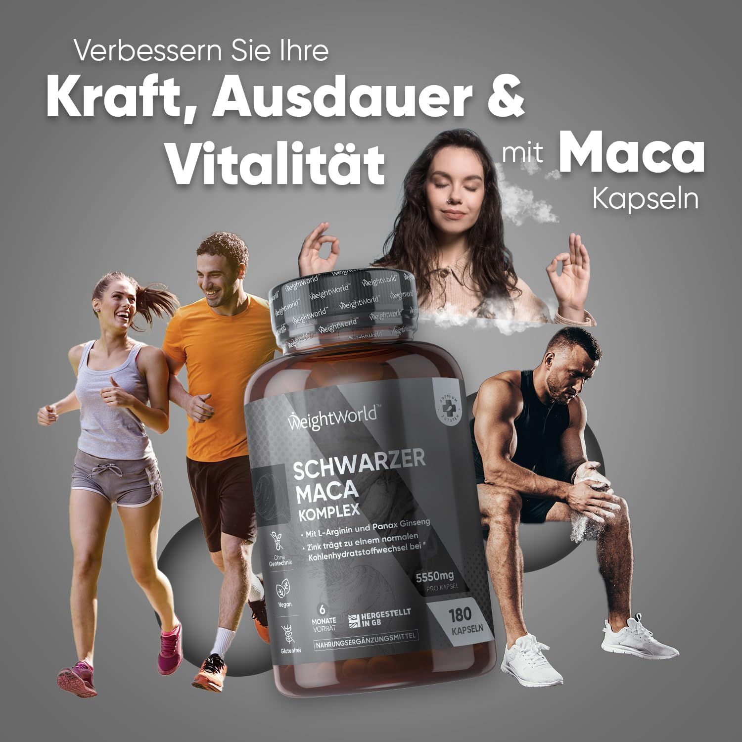 Flacone di Schwarzer Maca Komplex con persone sullo sfondo. Scritta: WeightWorld, 180 capsule. Testo: Forza, resistenza e vitalità.