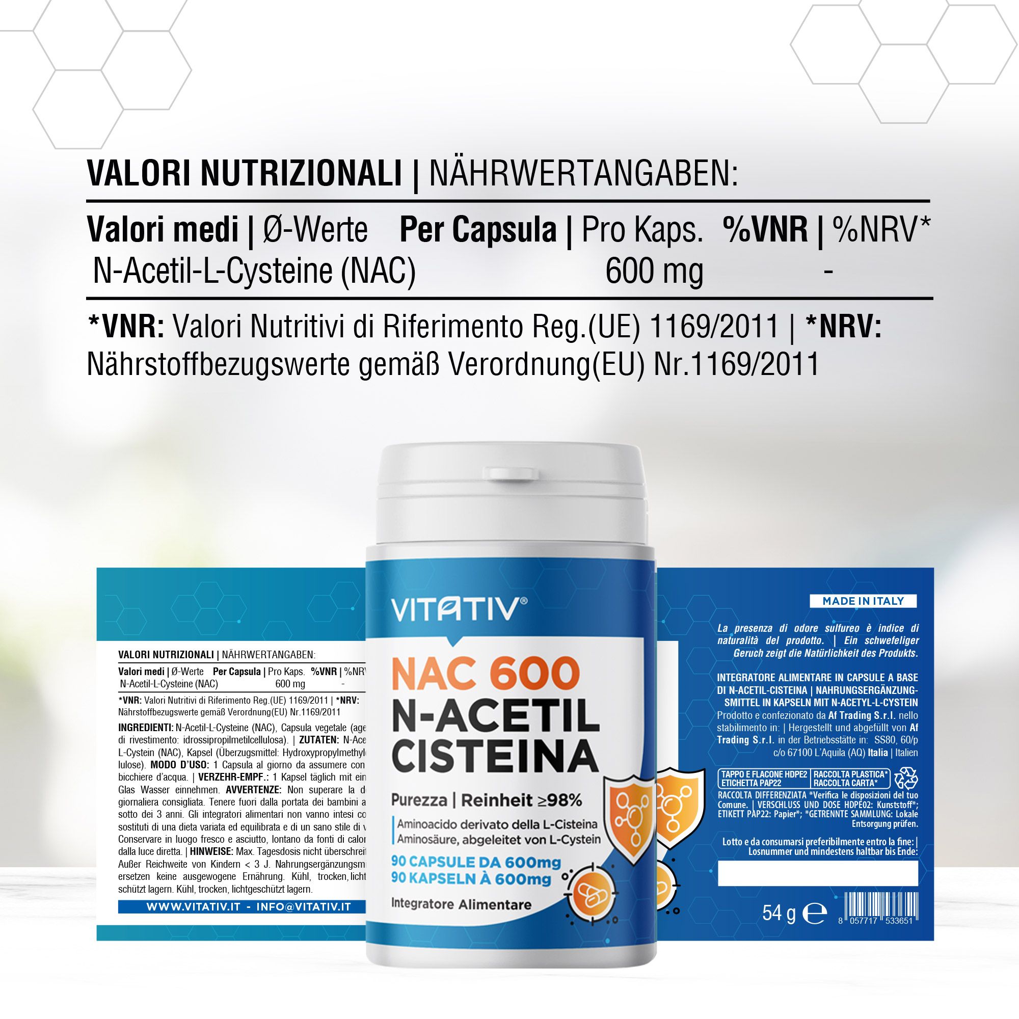 VITATIV® NAC 600 N-Acetil-L-Cisteina | 90 Capsule Vegetali | Nac Elevata Purezza